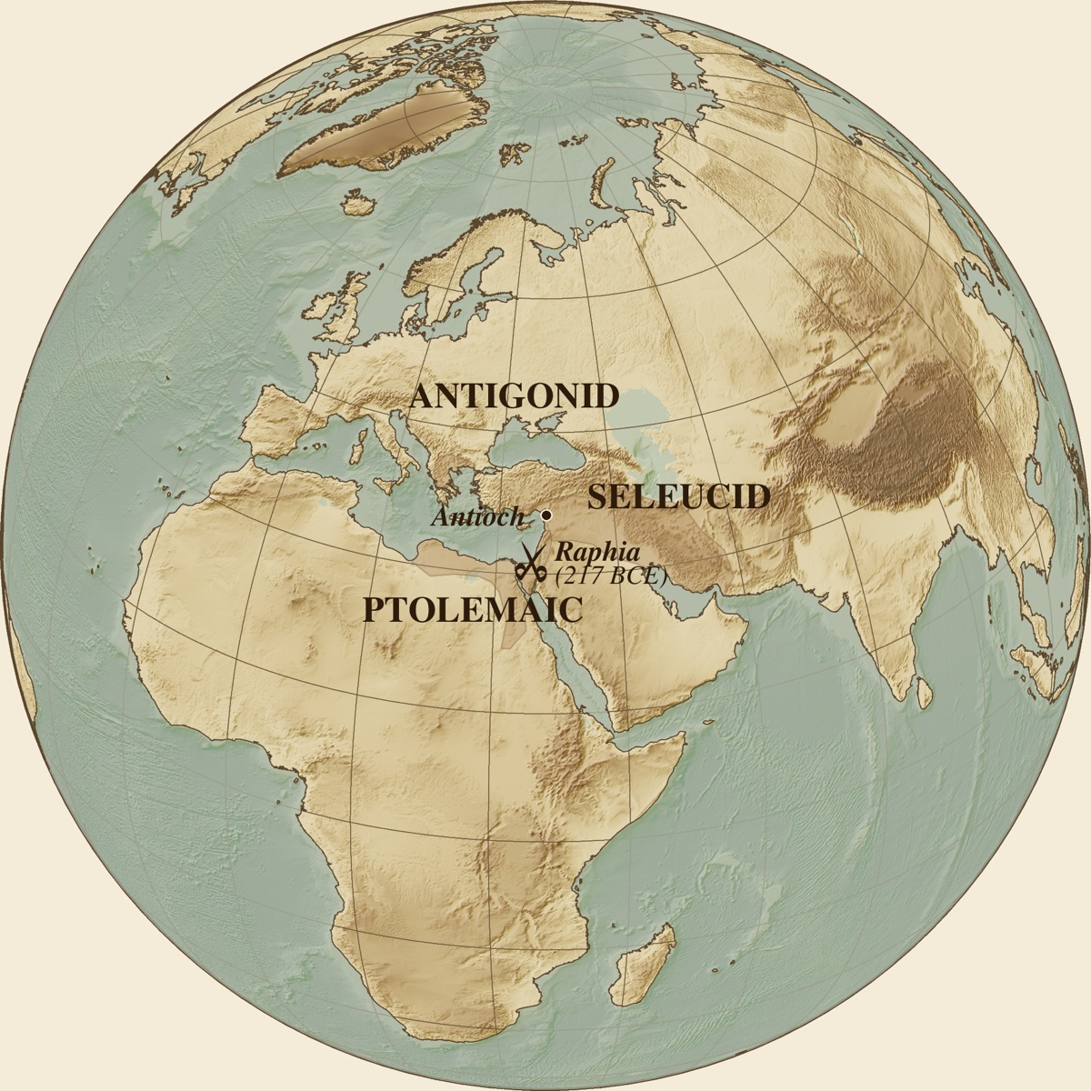 The Hellenistic world in 217 BCE, the year of Raphia, on a globe centred on the eastern Mediterranean
