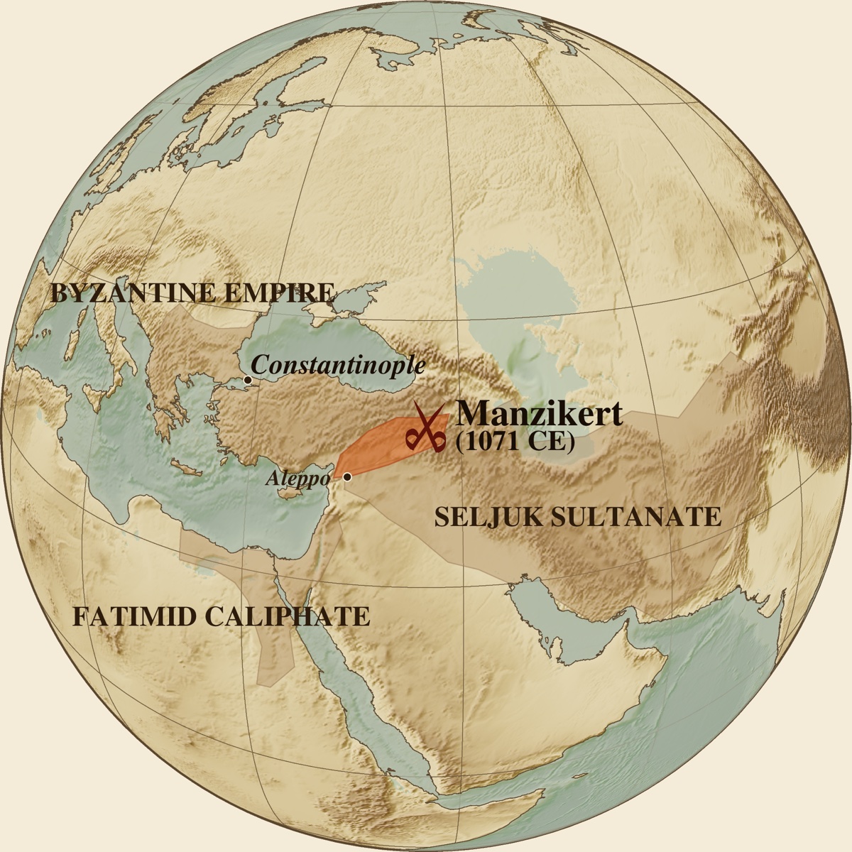The Byzantine, Seljuk and Fatimid realms in 1071, on a globe centered on Anatolia