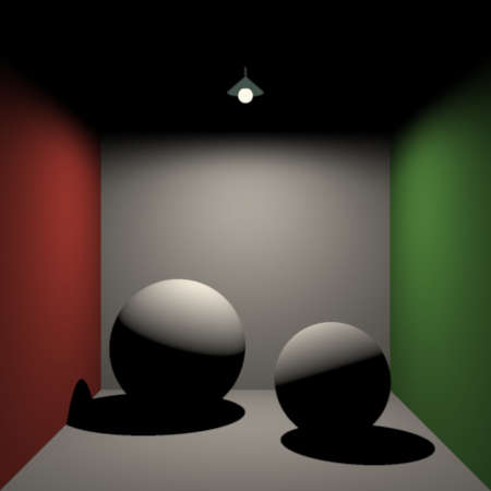 a white box with a red left wall and a green right wall and two white spheres on the floor, lit by a bulb hanging under a green cone shade; the ceiling, the shadows and the undersides of the spheres are black