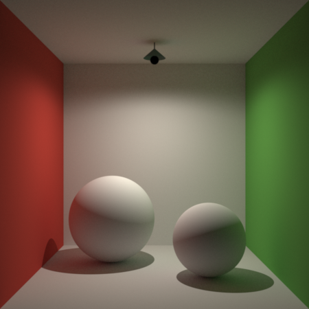 the same box path-traced: the same colours with visible grain, and the bulb and its shade dark