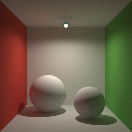the same box with bounce light: the ceiling glows a soft warm grey around the shade, pinker toward the red wall and greener toward the green; the shadows under the spheres fill with a dim, tinted light; the left sphere blushes brick red on the side facing the red wall and the right sphere picks up green from the green wall