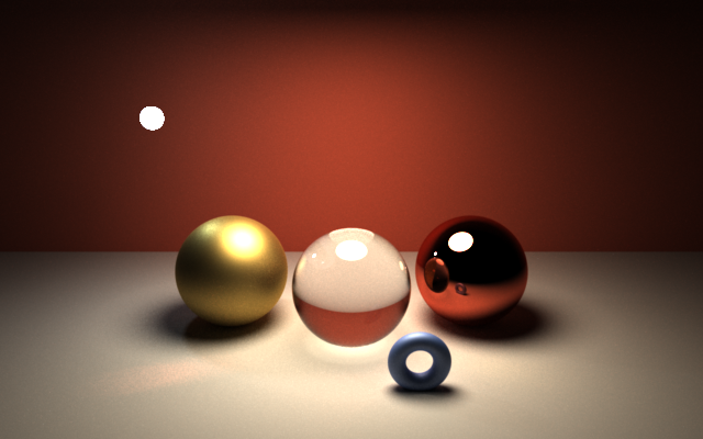 gman's path-traced render of samples/materials.rib: from the left, a gold ball, a glass ball, a mirror ball taking the clay wall's colour and a blue plastic torus, each pooling a soft shadow on the floor, with a small bright sphere lamp at the upper left