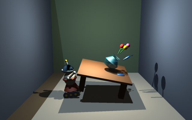the robot's dome as a mirror, showing the room