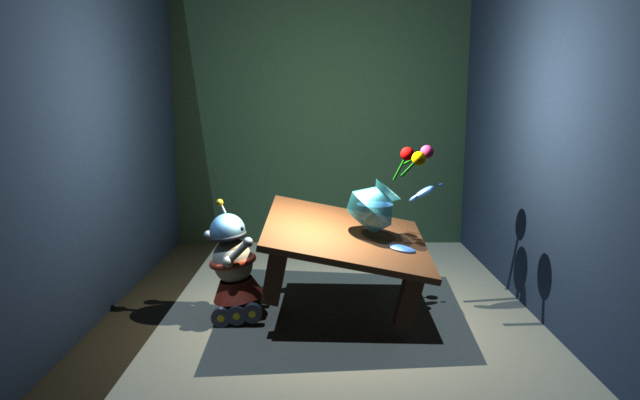 A room in which a tilted table drops a glass vase, its flowers and water flying, as a small robot on six wheels braces against the table's edge, path-traced by gman