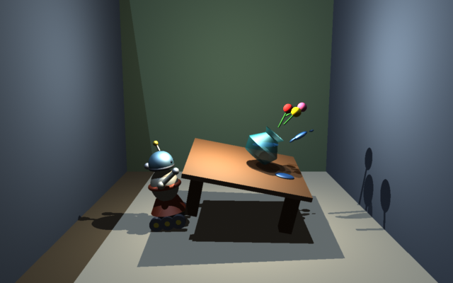 the same room ray-traced: the table, the robot and the flowers cast shadows on the floor and the right-hand wall, and the blue vase is translucent