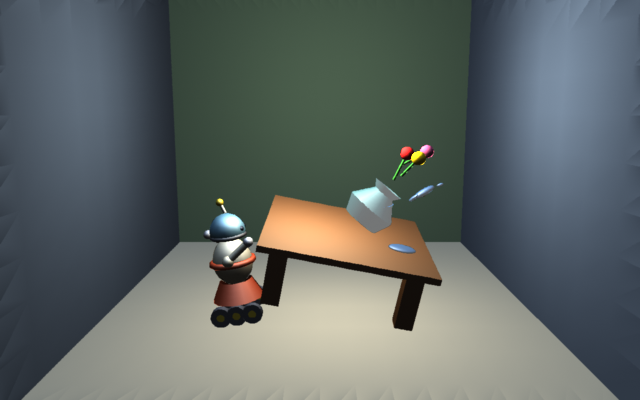 a room in which a tilted table drops a vase as a small robot braces against the table's edge, rendered by gman's z-buffer: every surface is shaded, and nothing casts a shadow