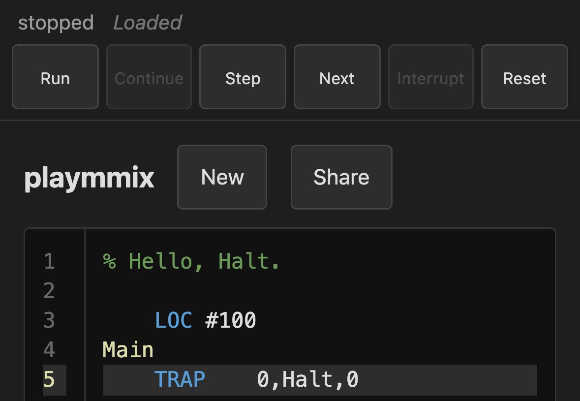 PlayMMIX Run, Step, Next and Share controls above an MMIX assembly editor